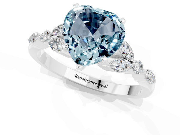 Platinum Heart Cut Aquamarine Solitaire Ring with Side Stones and Four-Prong Setting