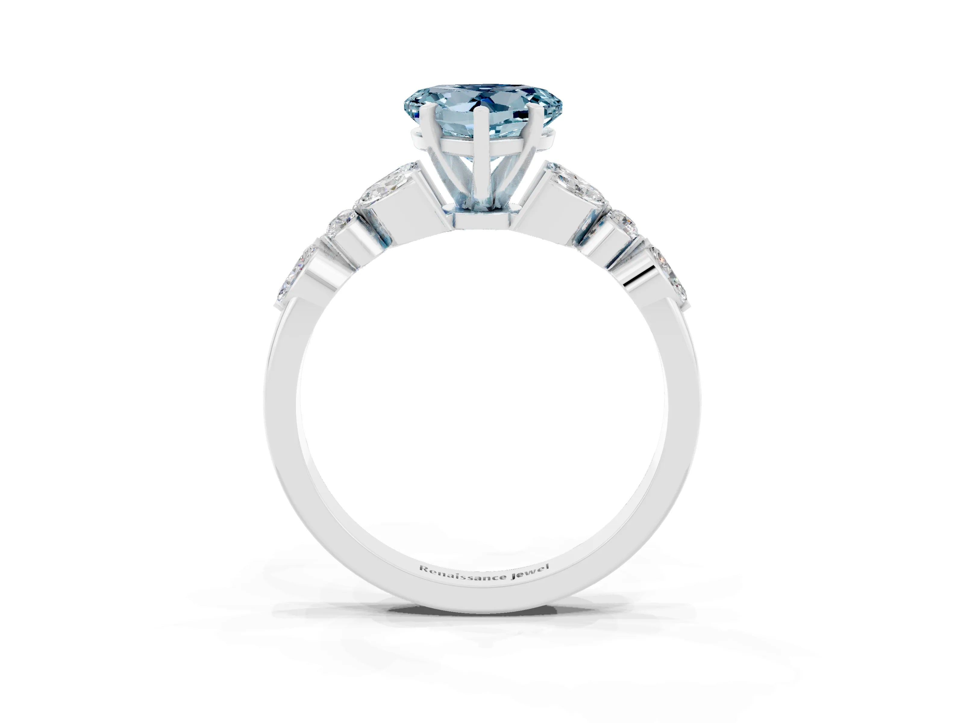 White gold Heart Cut Aquamarine Solitaire Ring with Side Stones and Four-Prong Setting_45