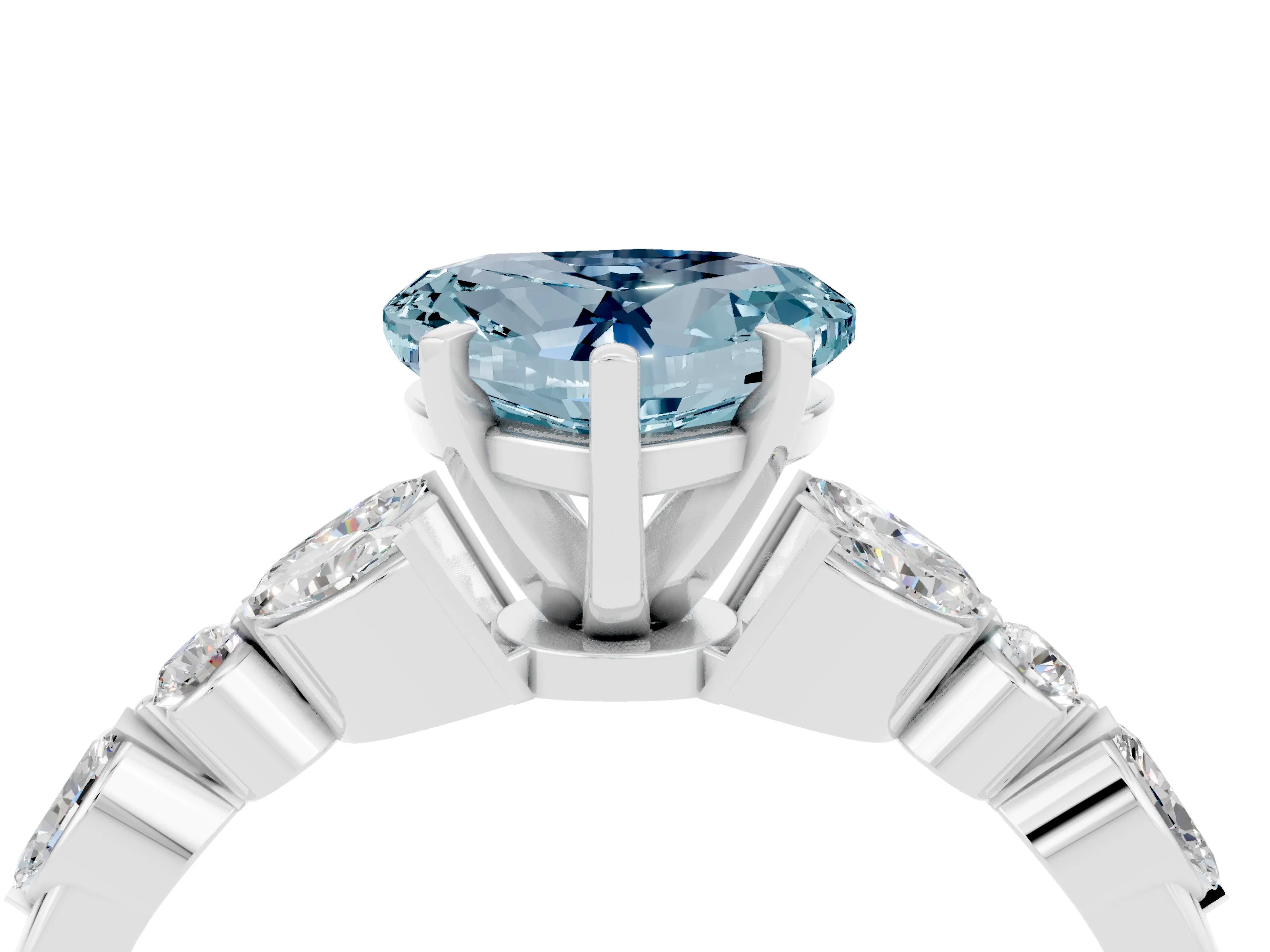 White gold Heart Cut Aquamarine Solitaire Ring with Side Stones and Four-Prong Setting_46