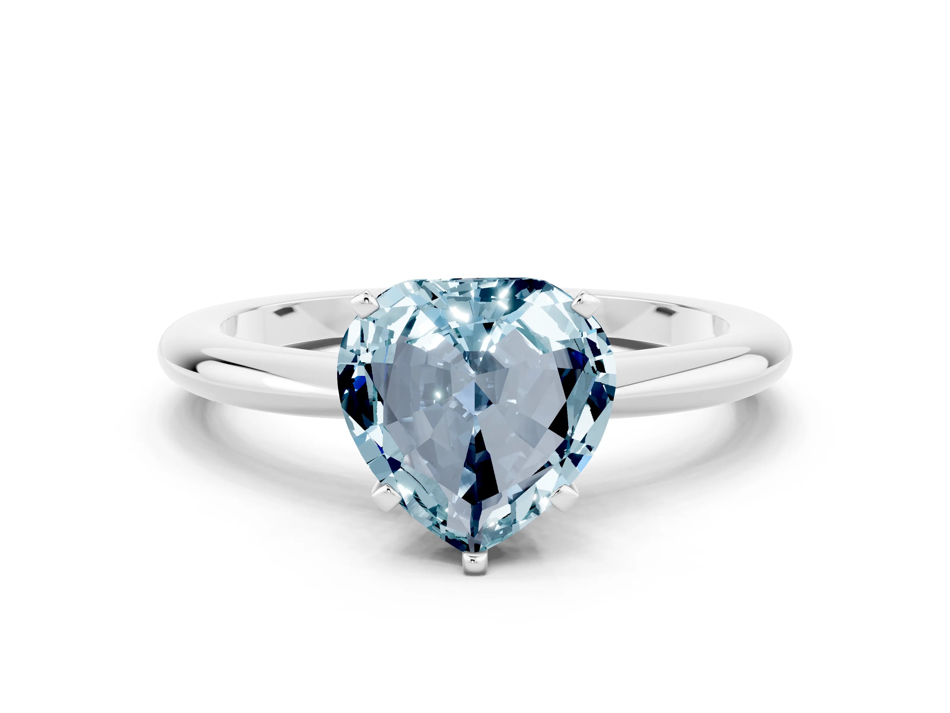 White gold Heart Cut Aquamarine Solitaire Ring with Six-Prong Setting and Classic Band