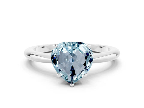 White gold Heart Cut Aquamarine Solitaire Ring with Six-Prong Setting and Classic Band
