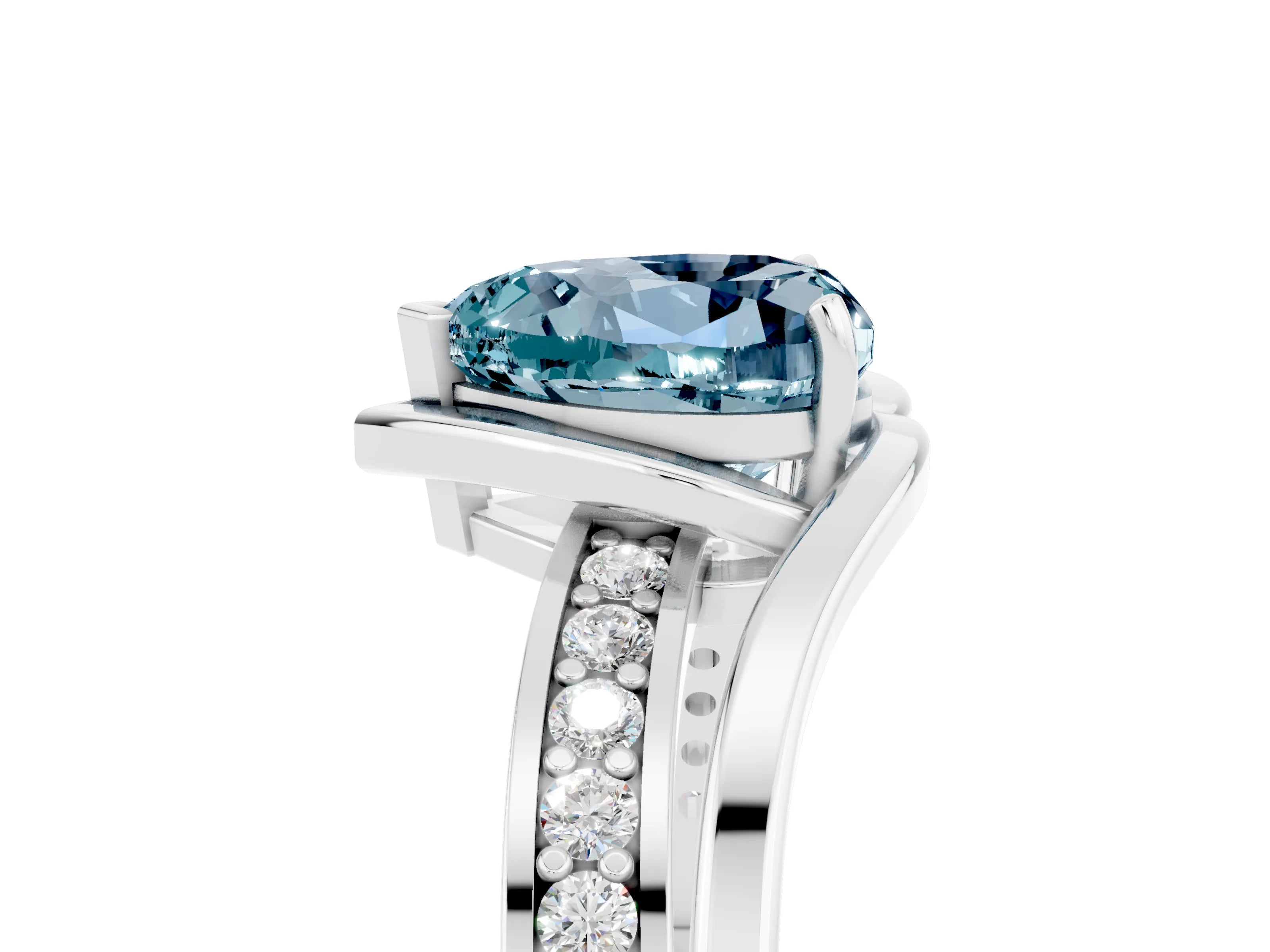 White gold Heart Cut Aquamarine Solitaire Ring with Split Shank and Prong Setting_5