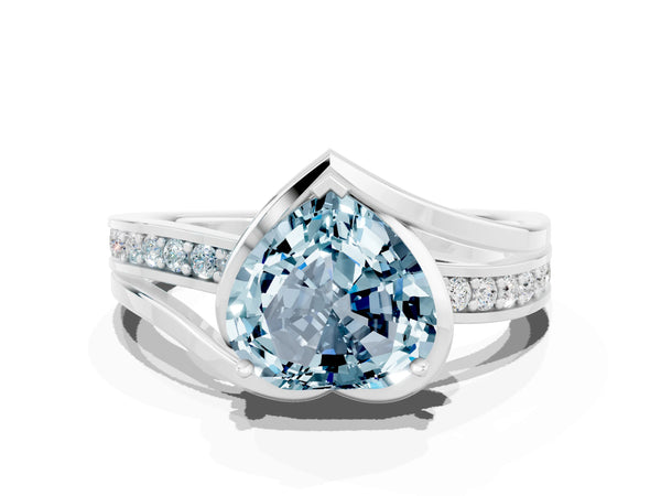 White gold Heart Cut Aquamarine Solitaire Ring with Split Shank and Prong Setting