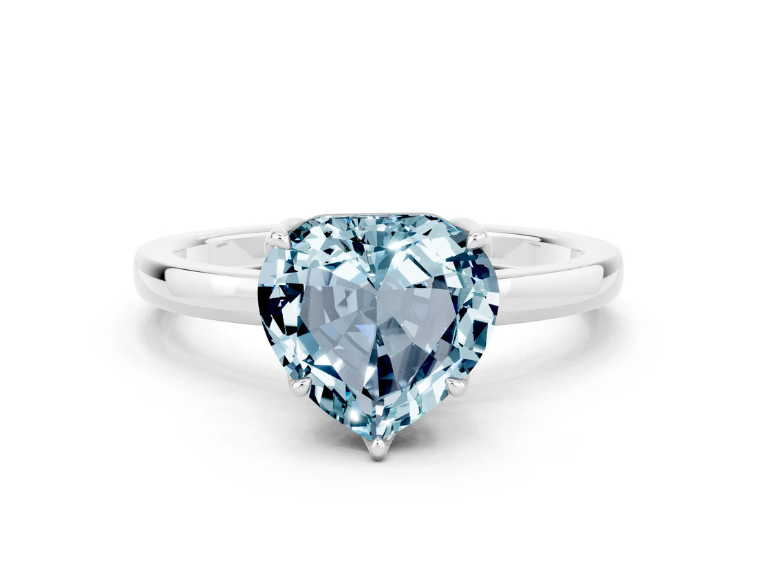 White gold Heart Cut Aquamarine Solitaire Ring with Thin Band and Prong Setting_12