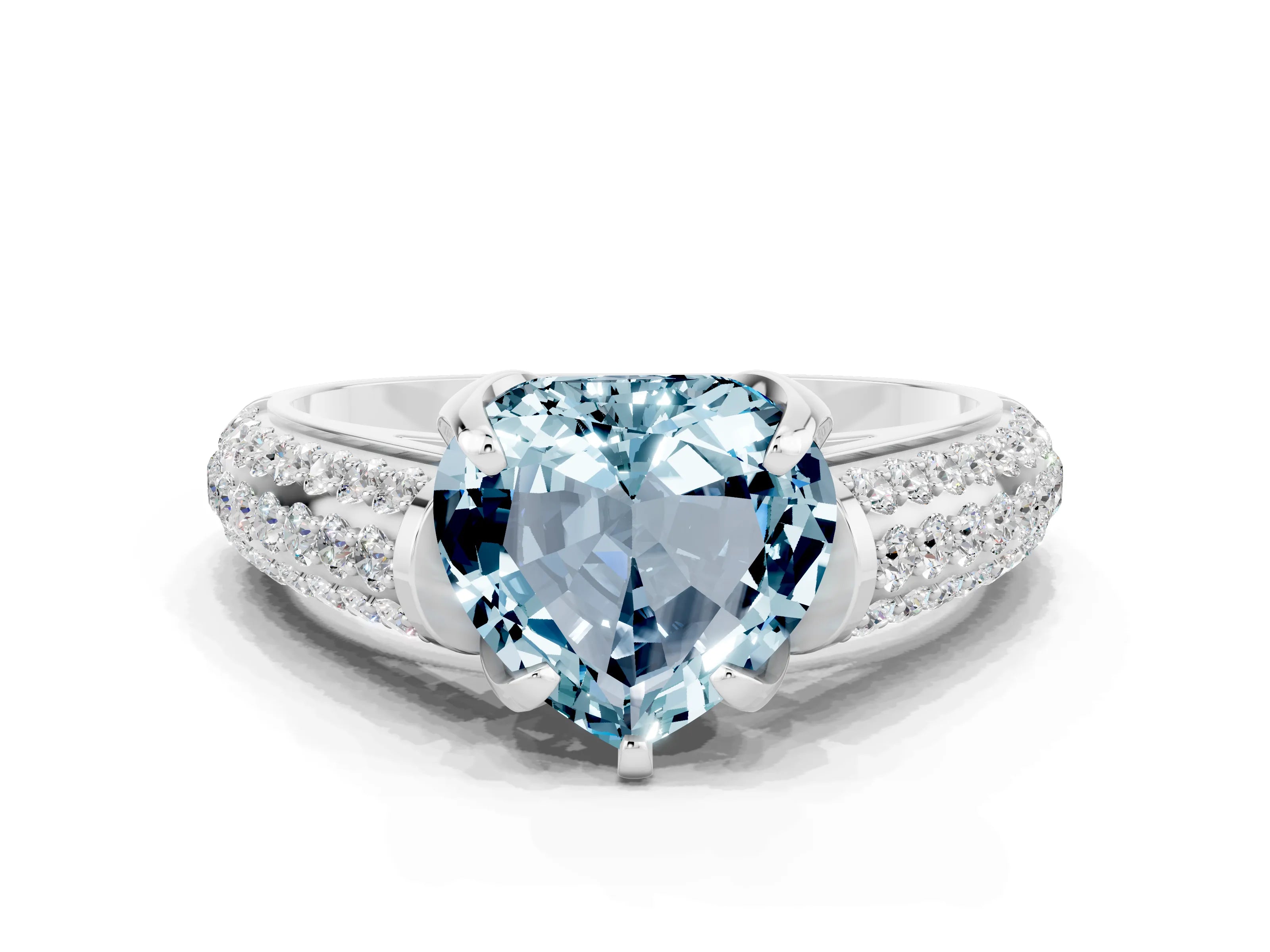 White gold Heart Cut Aquamarine Solitaire Ring with Three-Row Pavé Band and Four-Prong Setting_12