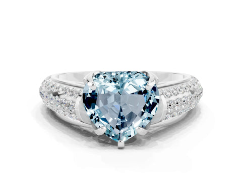 White gold Heart Cut Aquamarine Solitaire Ring with Three-Row Pavé Band and Four-Prong Setting_12