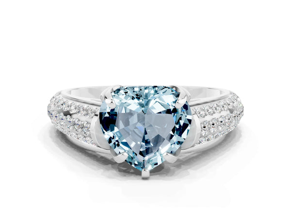 White gold Heart Cut Aquamarine Solitaire Ring with Three-Row Pavé Band and Four-Prong Setting