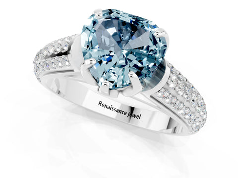 White gold Heart Cut Aquamarine Solitaire Ring with Three-Row Pavé Band and Four-Prong Setting_13