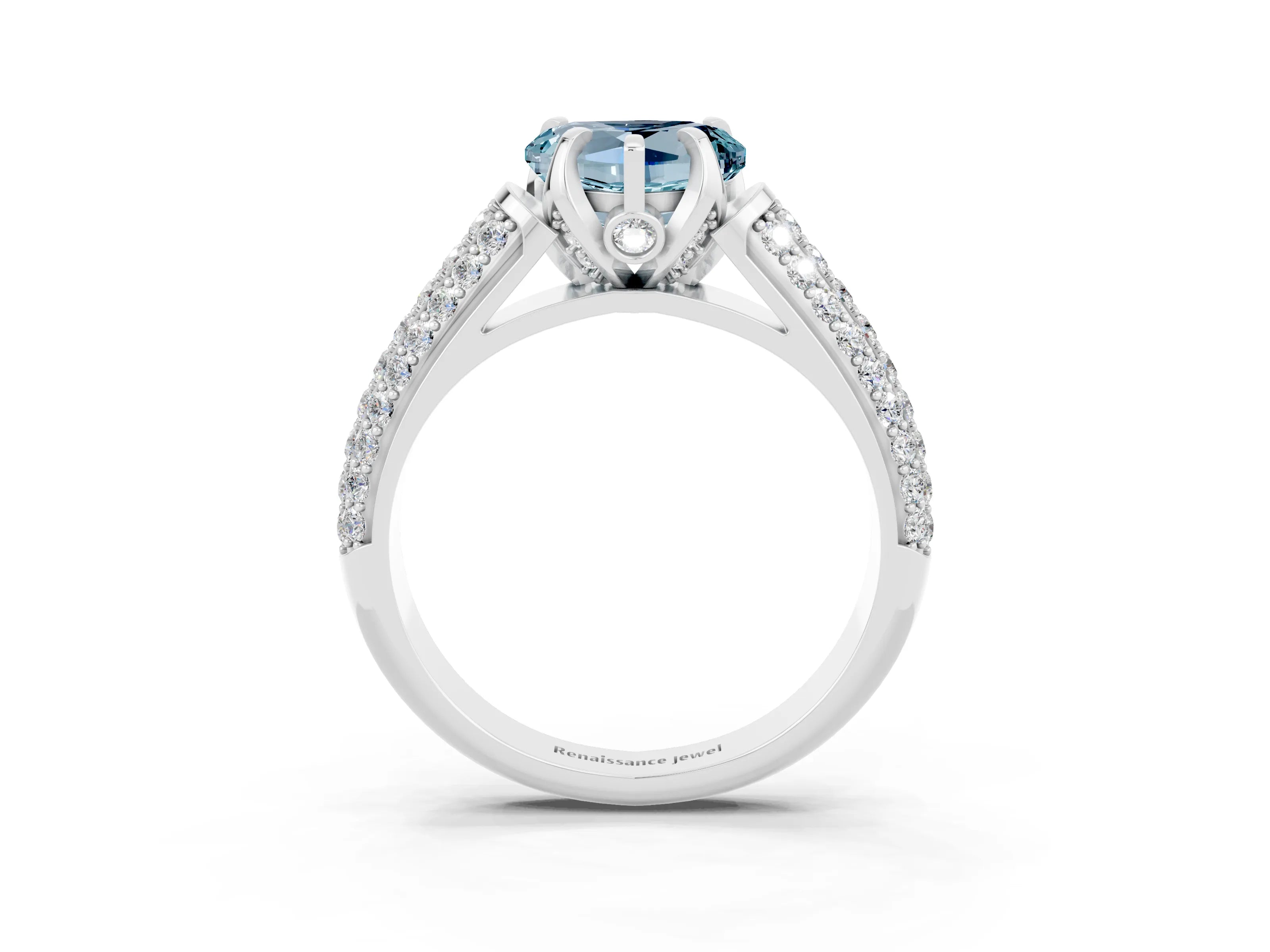 White gold Heart Cut Aquamarine Solitaire Ring with Three-Row Pavé Band and Four-Prong Setting_15