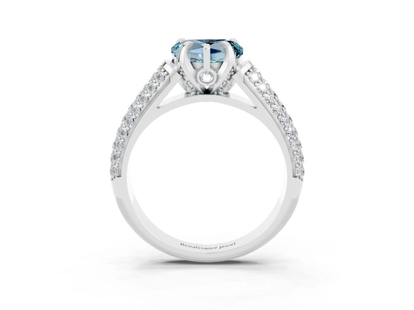 White gold Heart Cut Aquamarine Solitaire Ring with Three-Row Pavé Band and Four-Prong Setting