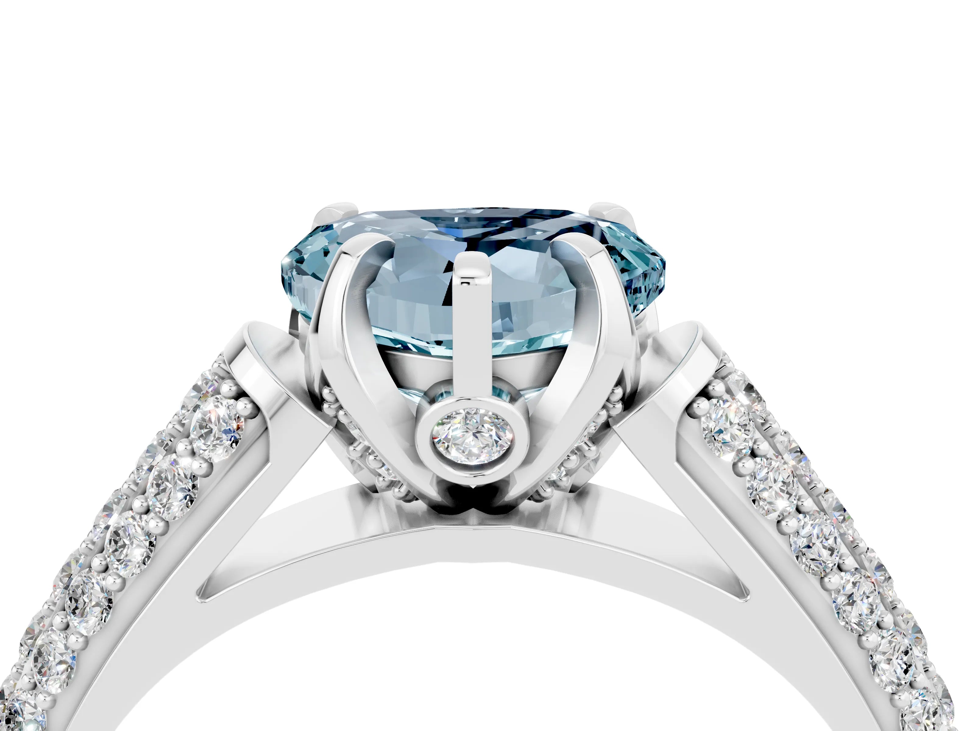 White gold Heart Cut Aquamarine Solitaire Ring with Three-Row Pavé Band and Four-Prong Setting_16