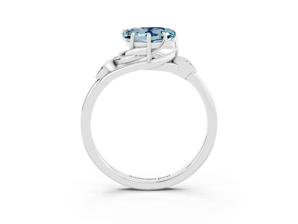White gold Heart Cut Aquamarine Solitaire Ring with Twist Band and Four-Prong Setting