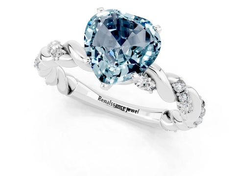 White gold Heart Cut Aquamarine Solitaire Ring with Twisted Band and Pavé Accents_1