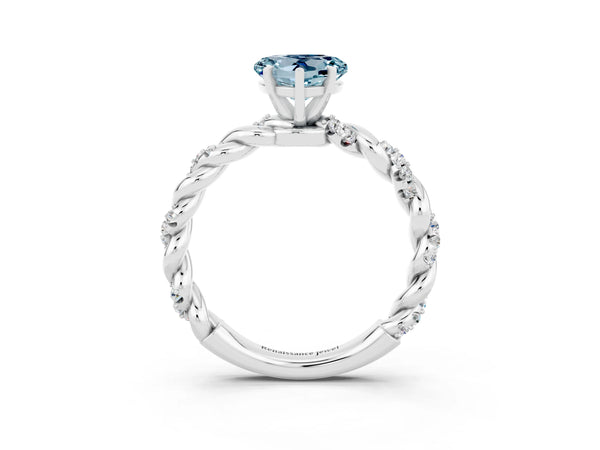 Platinum Heart Cut Aquamarine Solitaire Ring with Twisted Band and Pavé Accents