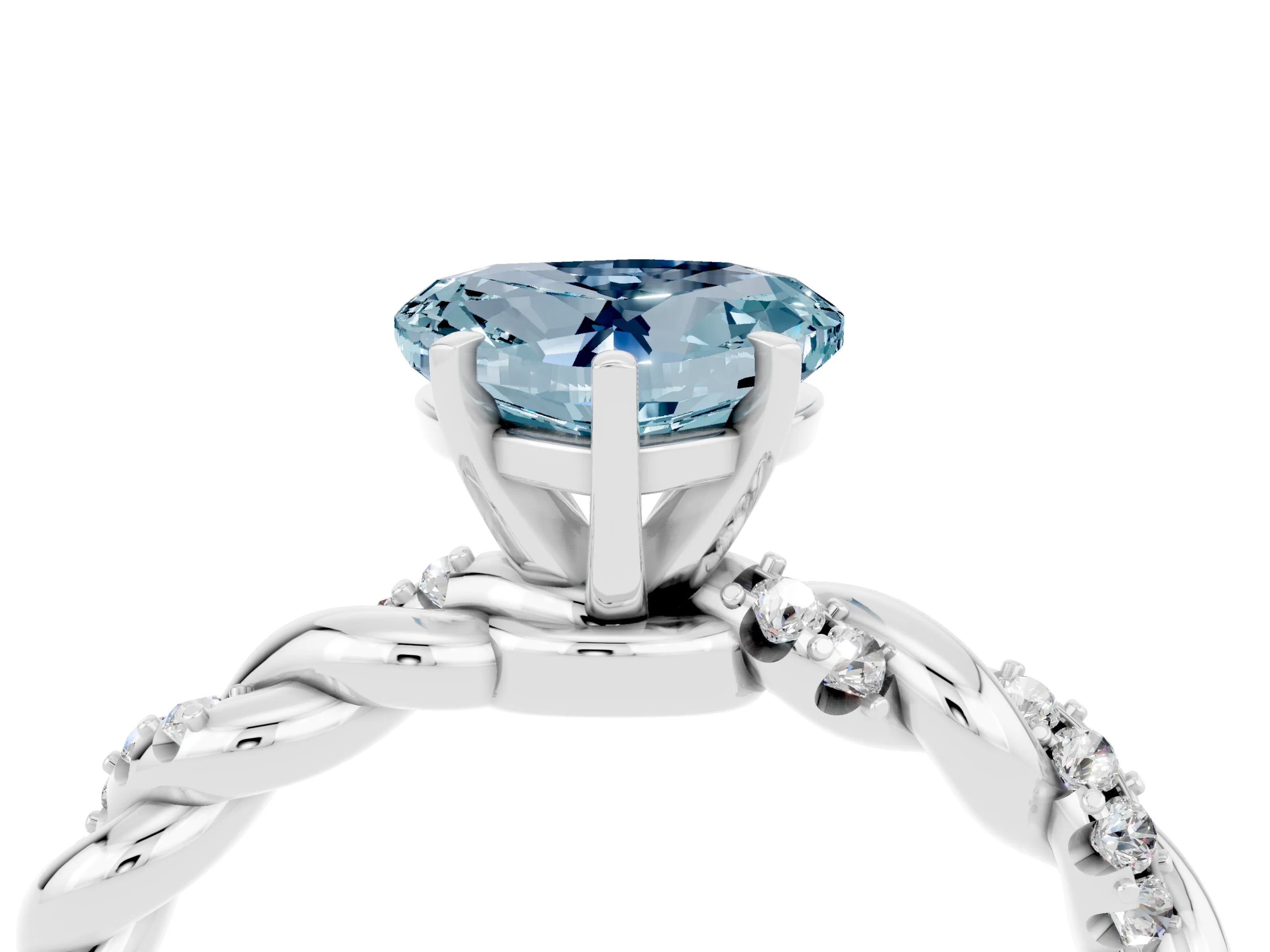 White gold Heart Cut Aquamarine Solitaire Ring with Twisted Band and Pavé Accents_4