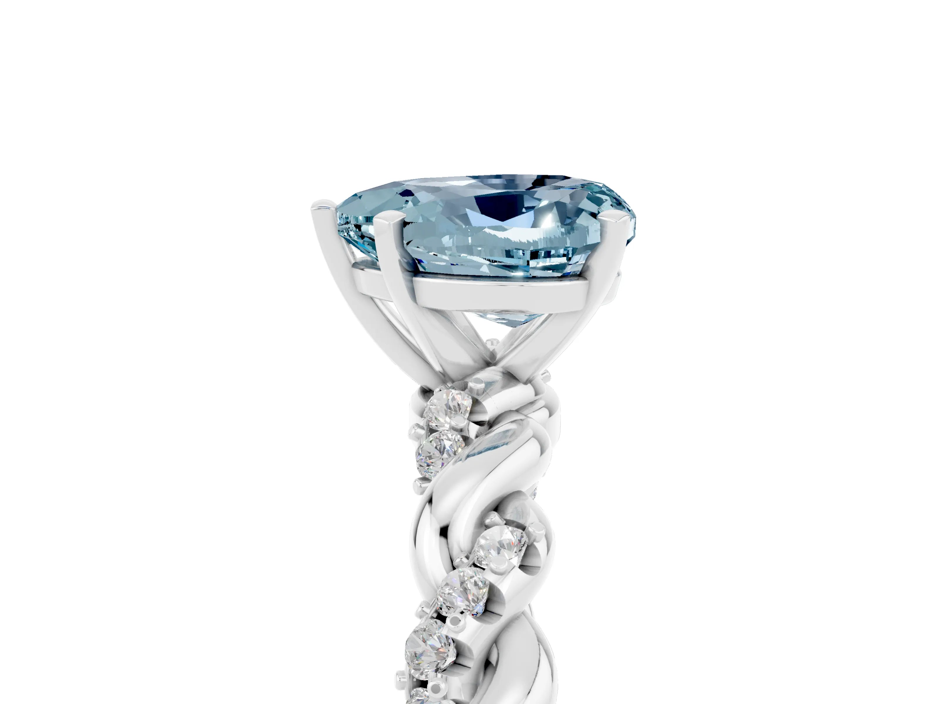 White gold Heart Cut Aquamarine Solitaire Ring with Twisted Band and Pavé Accents_5