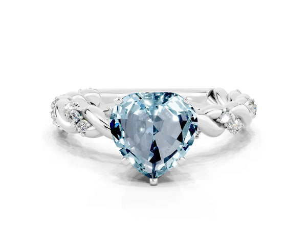 Silver Heart Cut Aquamarine Solitaire Ring with Twisted Band and Pavé Accents