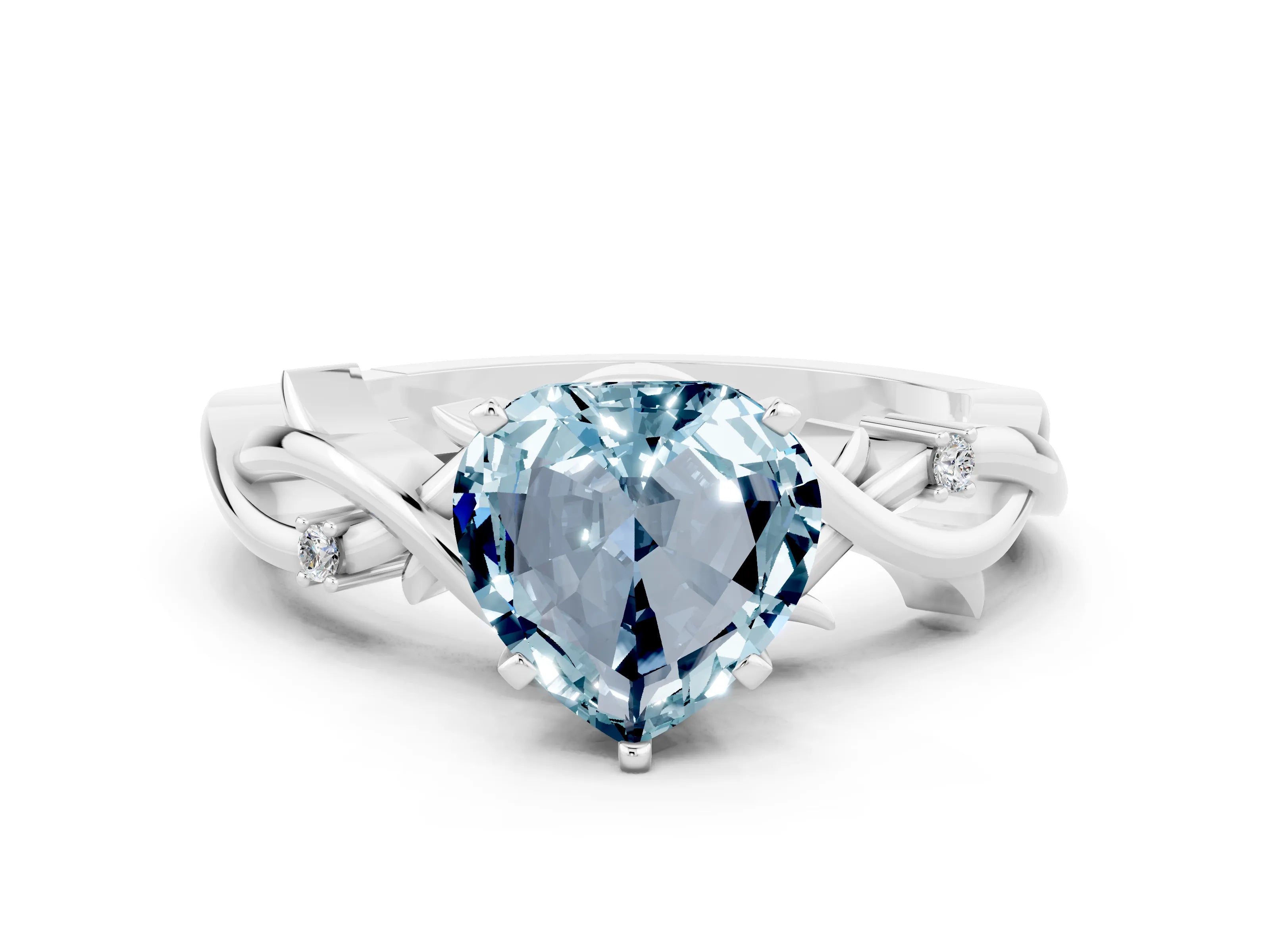 White gold Heart Cut Aquamarine Solitaire Ring with Twisted Band and Prong Setting_12