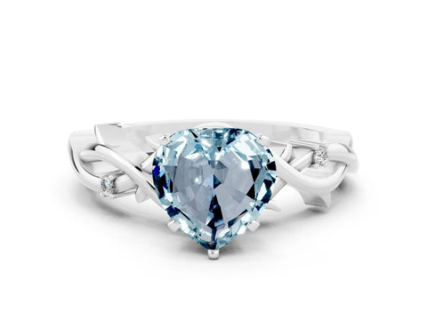 White gold Heart Cut Aquamarine Solitaire Ring with Twisted Band and Prong Setting_12