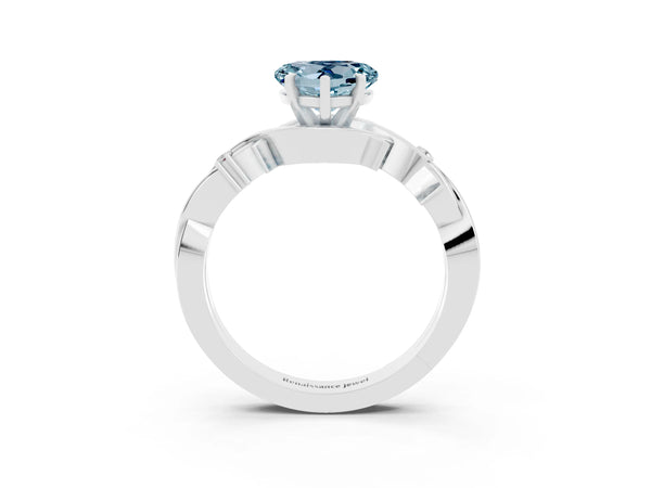 White gold Heart Cut Aquamarine Solitaire Ring with Twisted Band and Prong Setting