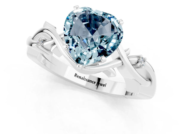 Silver Heart Cut Aquamarine Solitaire Ring with Twisted Band and Prong Setting