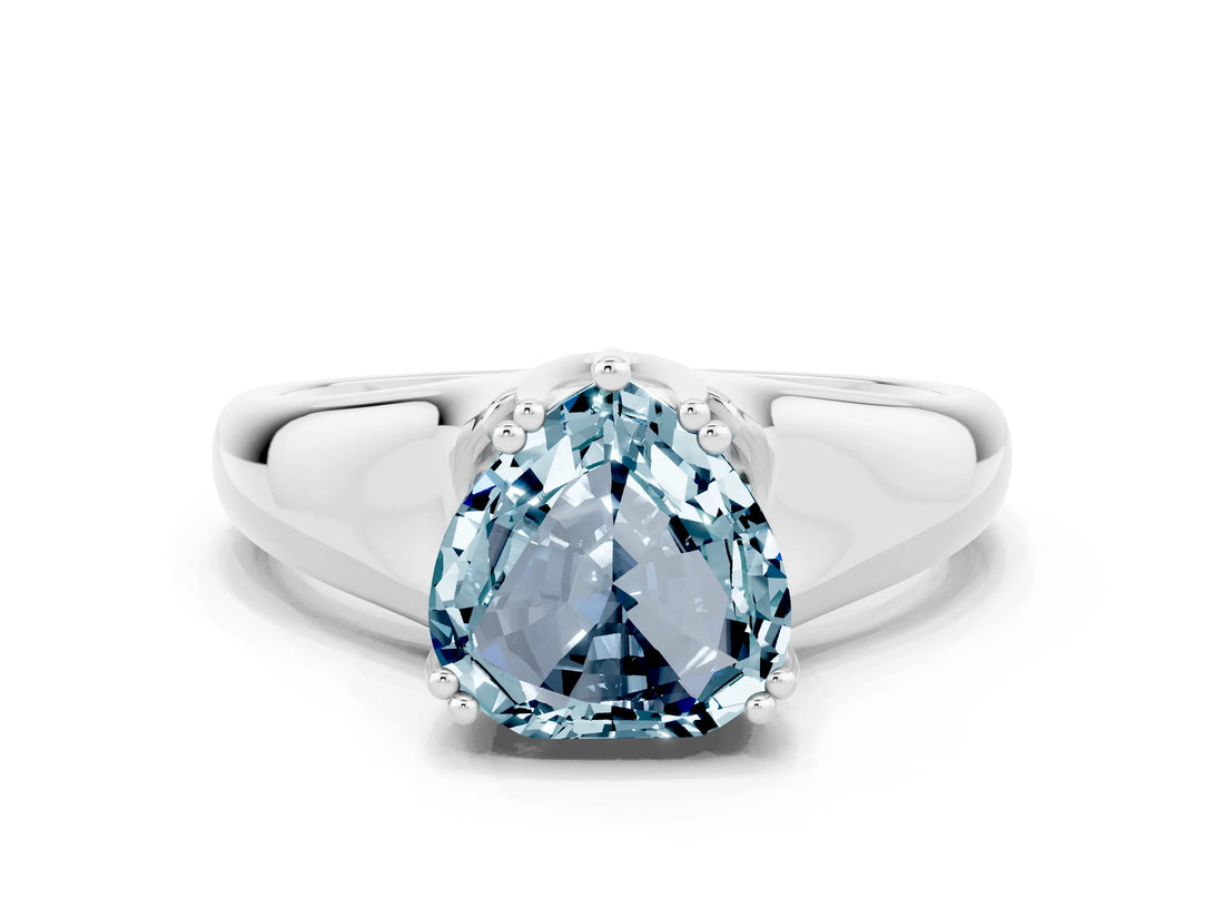 White gold Heart Cut Aquamarine Solitaire Ring with Wide Band and Prong Setting