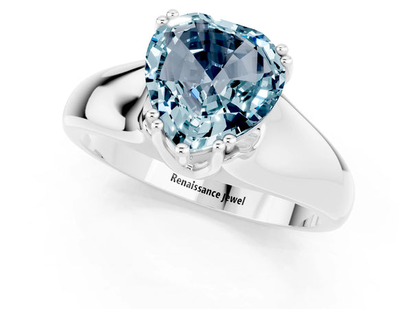 Platinum Heart Cut Aquamarine Solitaire Ring with Wide Band and Prong Setting
