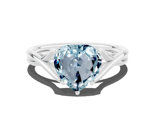 White gold Heart Cut Aquamarine Solitaire Twist Band Prong Setting Ring