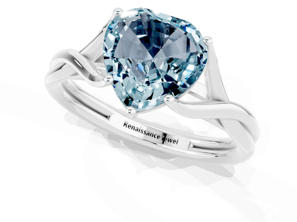 Platinum Heart Cut Aquamarine Solitaire Twist Band Prong Setting Ring