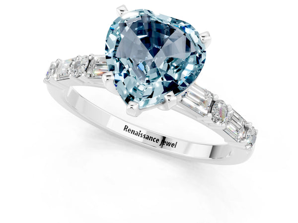 Silver Heart Cut Aquamarine Solitaire with Side Baguettes and Channel Set Band