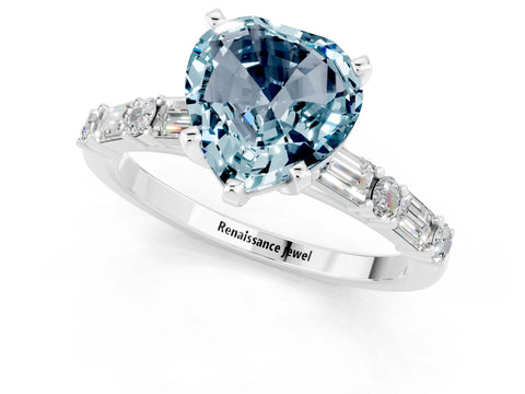 White gold Heart Cut Aquamarine Solitaire with Side Baguettes and Channel Set Band_1