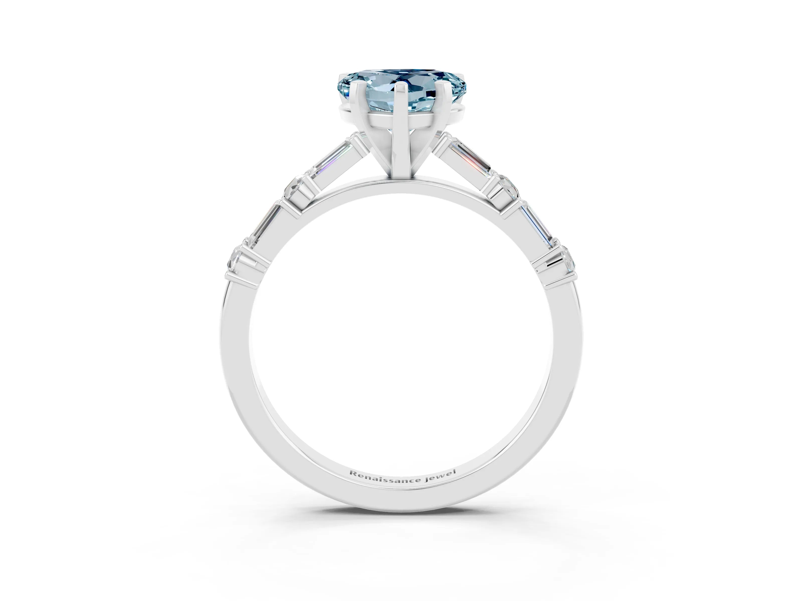 White gold Heart Cut Aquamarine Solitaire with Side Baguettes and Channel Set Band_3