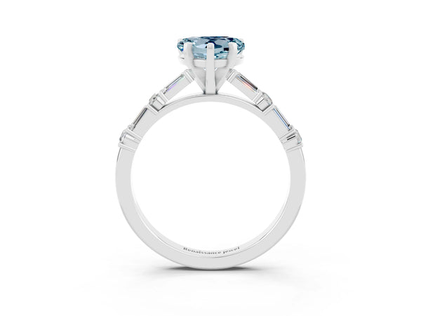 White gold Heart Cut Aquamarine Solitaire with Side Baguettes and Channel Set Band