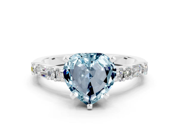 Silver Heart Cut Aquamarine Solitaire with Side Baguettes and Channel Set Band