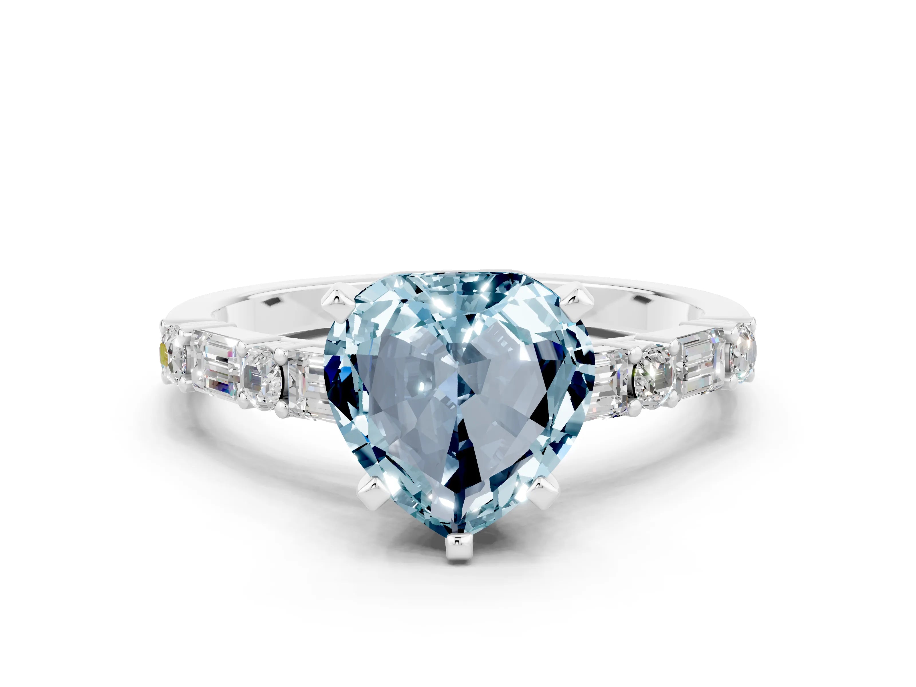 White gold Heart Cut Aquamarine Solitaire with Side Baguettes and Channel Set Band