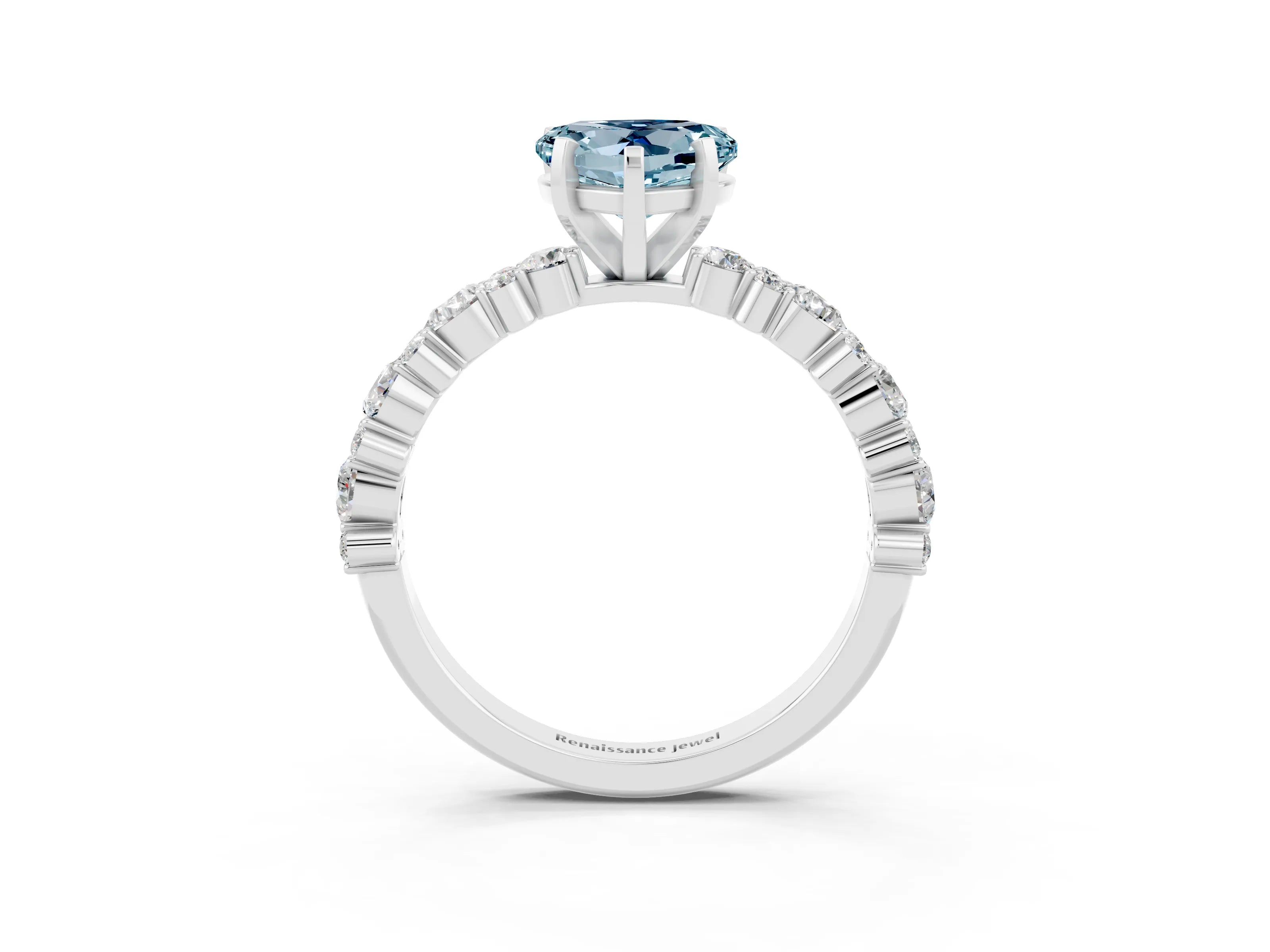 White gold Heart Cut Aquamarine Solitaire with Side Stones, Pave Band, Four-Prong Setting_15