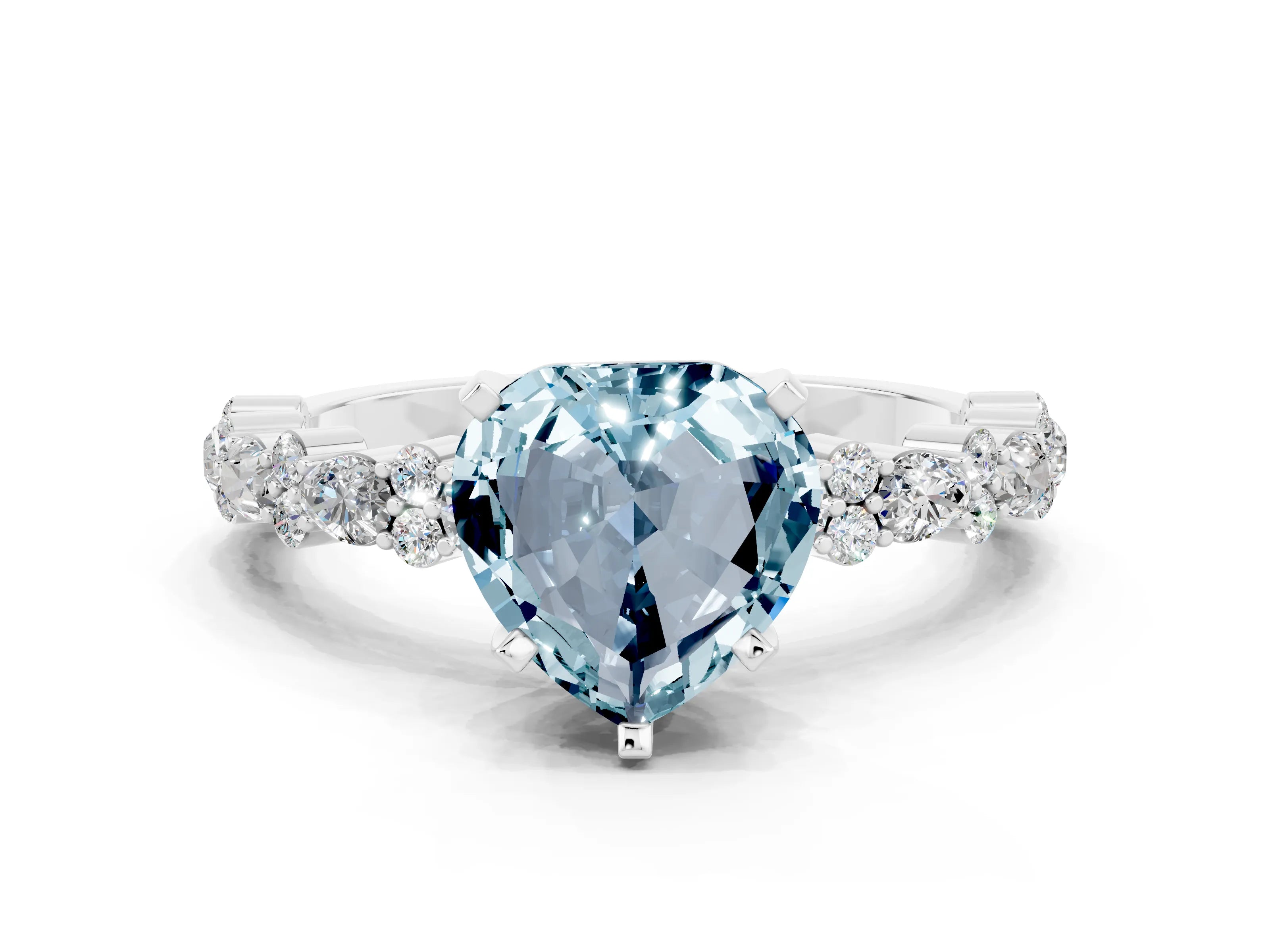 White gold Heart Cut Aquamarine Solitaire with Side Stones, Pave Band, Four-Prong Setting_36