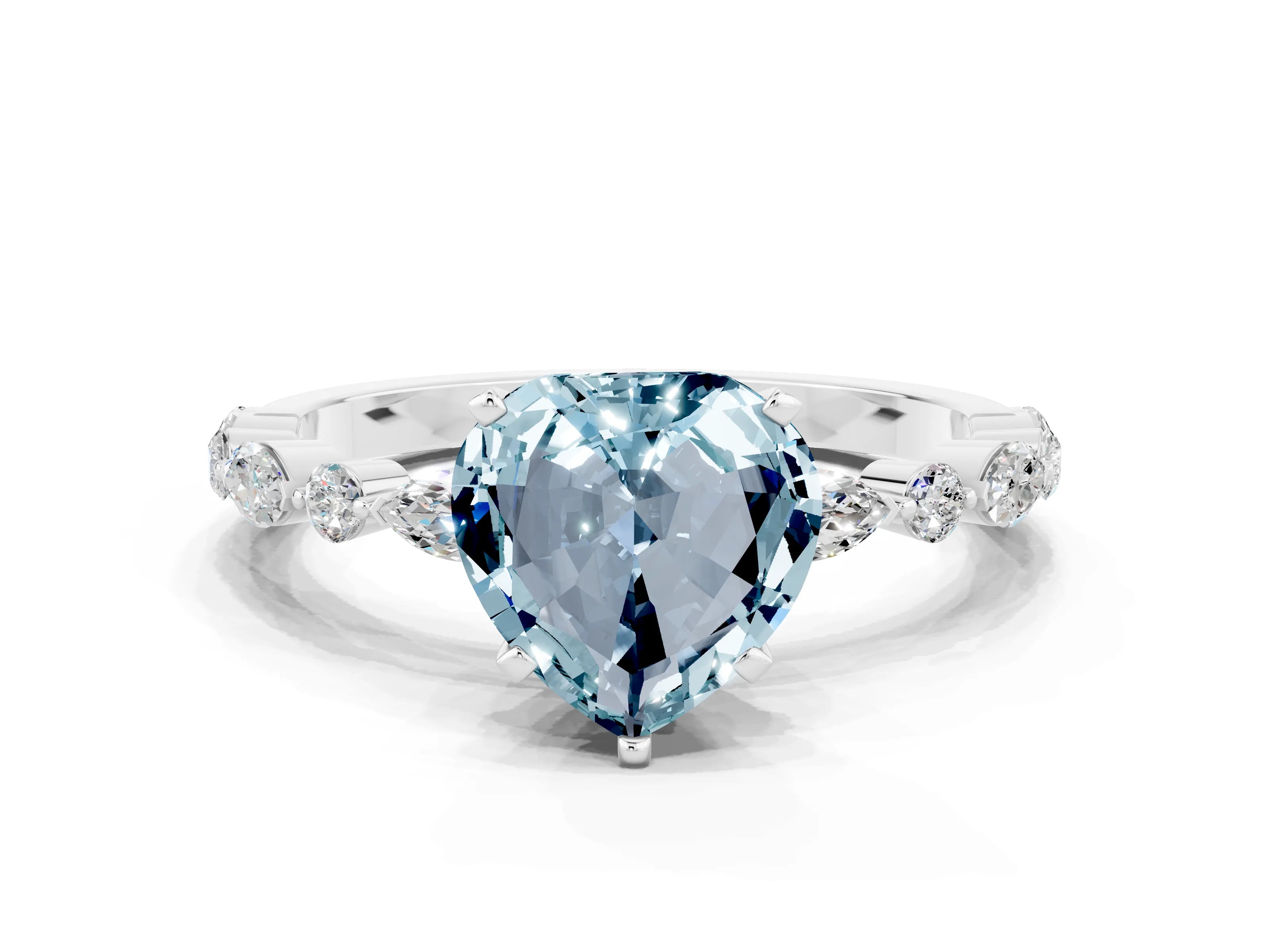 White gold Heart Cut Aquamarine Solitaire with Side Stones on a Pavé Band and Four-Prong Setting