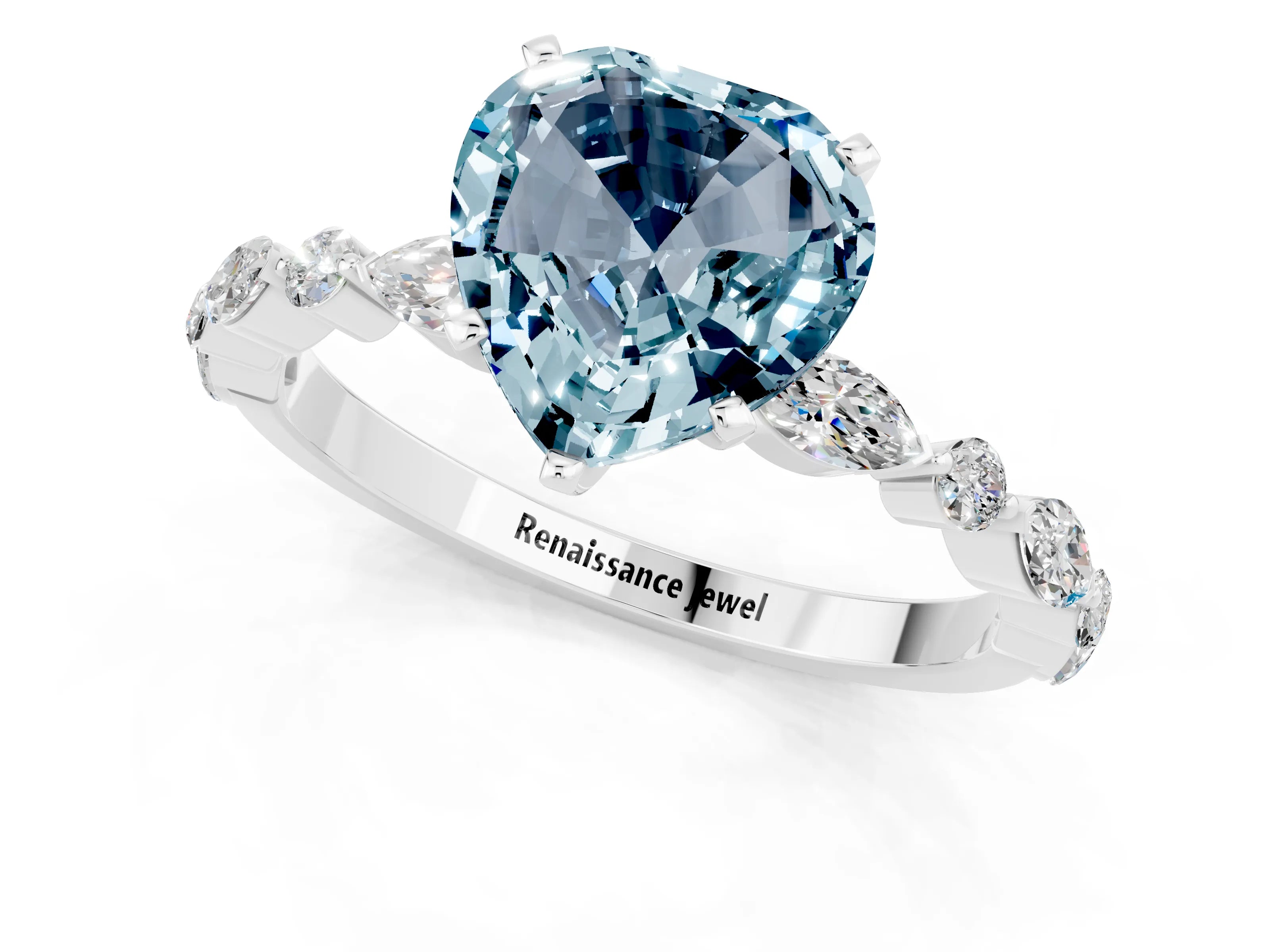 White gold Heart Cut Aquamarine Solitaire with Side Stones on a Pavé Band and Four-Prong Setting_1