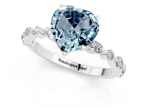 White gold Heart Cut Aquamarine Solitaire with Side Stones on a Pavé Band and Four-Prong Setting_1