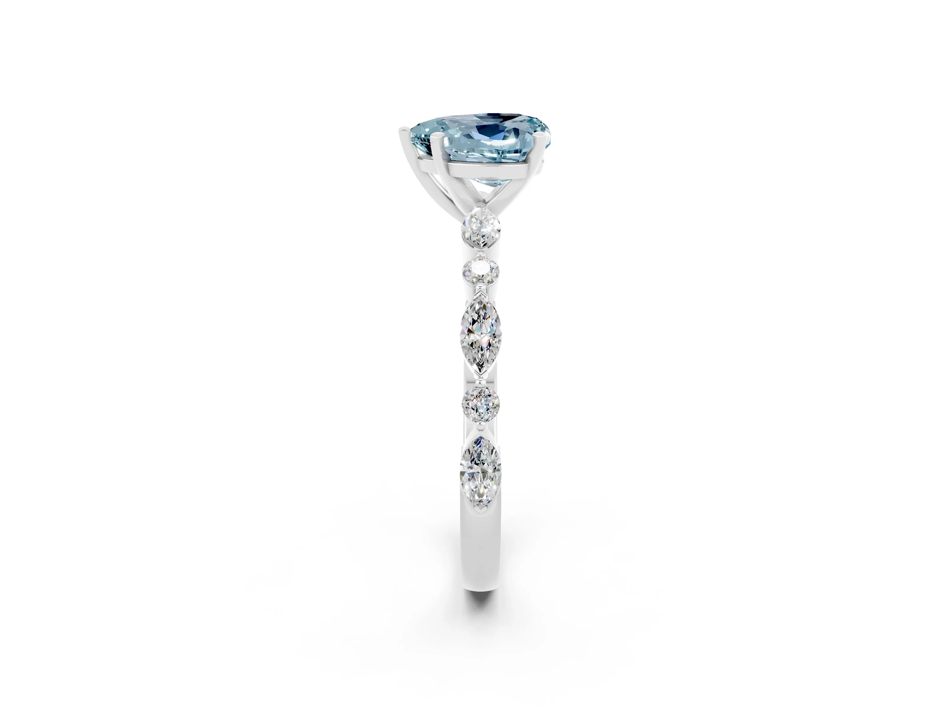 White gold Heart Cut Aquamarine Solitaire with Side Stones on a Pavé Band and Four-Prong Setting_2