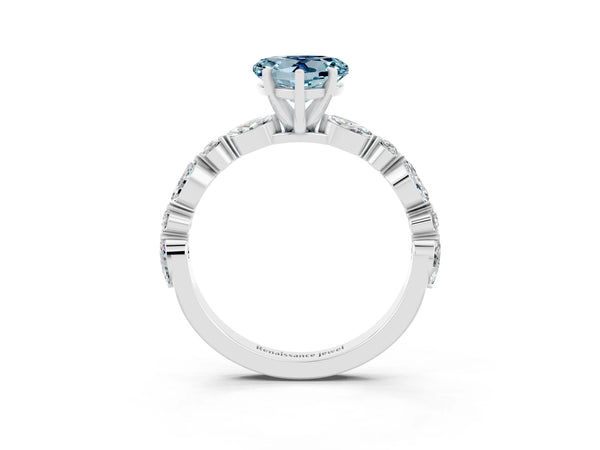 Platinum Heart Cut Aquamarine Ring with Marquise and Round  Side Stones and Four-Prong Setting