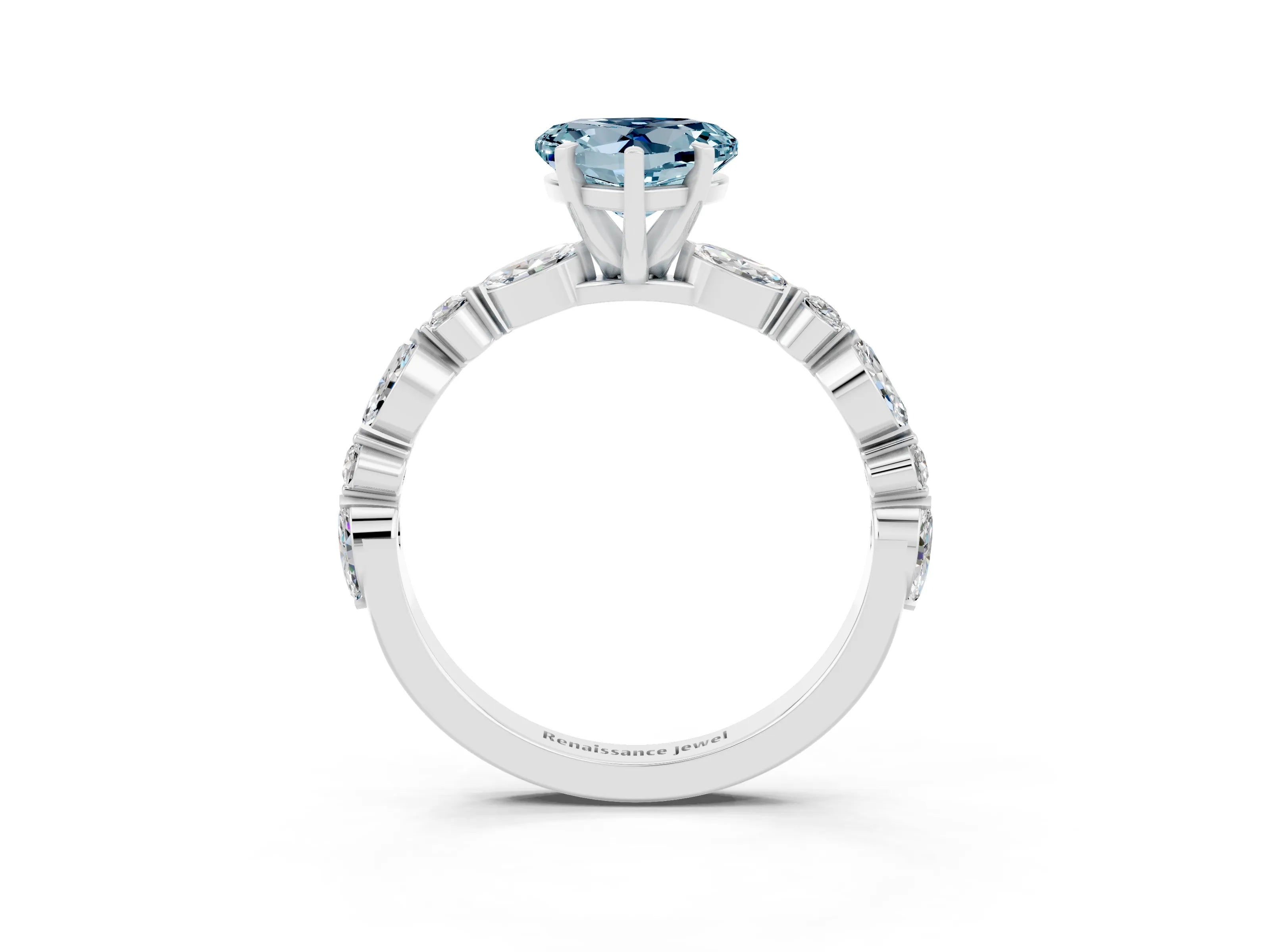White gold Heart Cut Aquamarine Solitaire with Side Stones on a Pavé Band and Four-Prong Setting_3