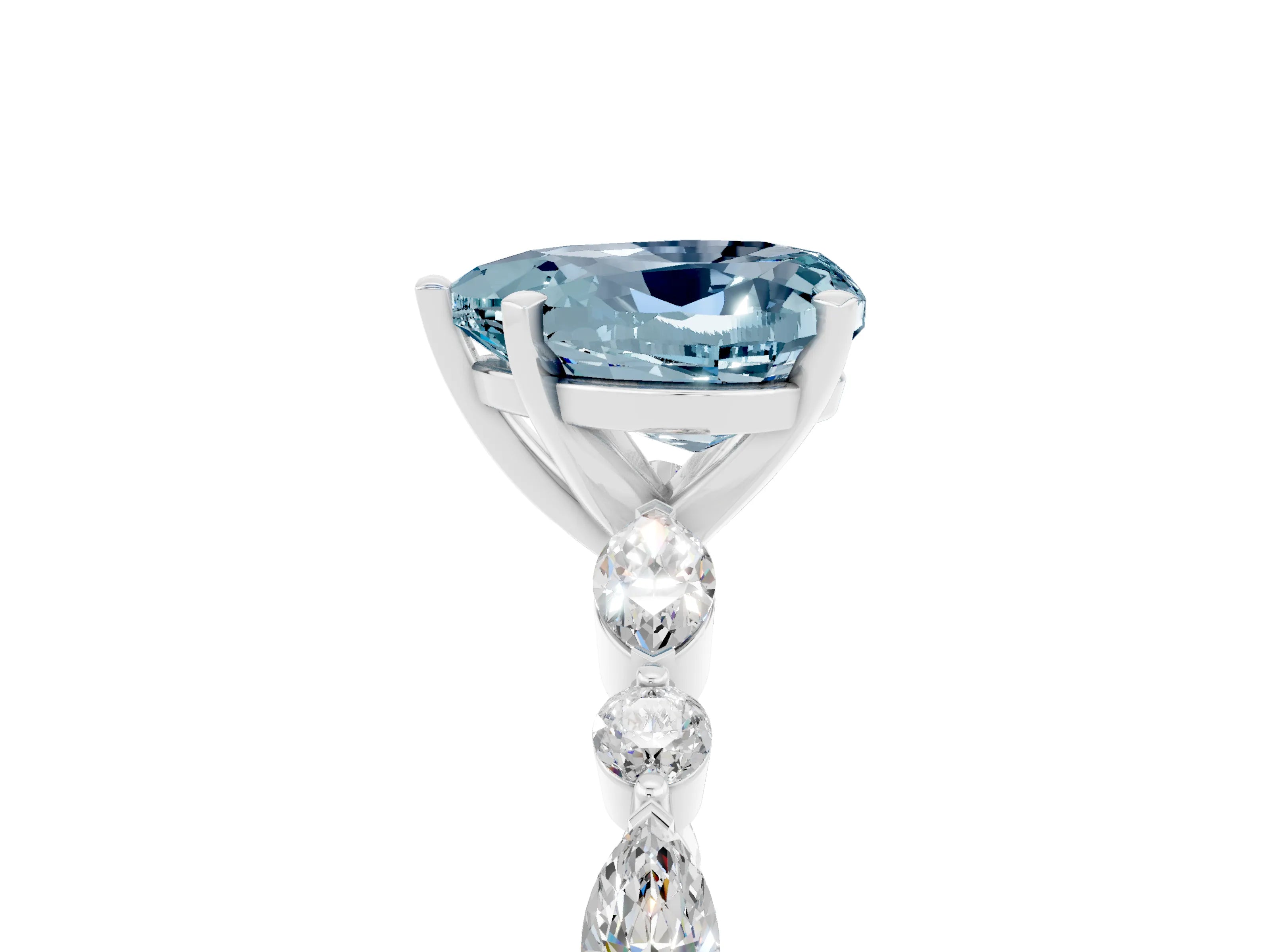 White gold Heart Cut Aquamarine Solitaire with Side Stones on a Pavé Band and Four-Prong Setting_5