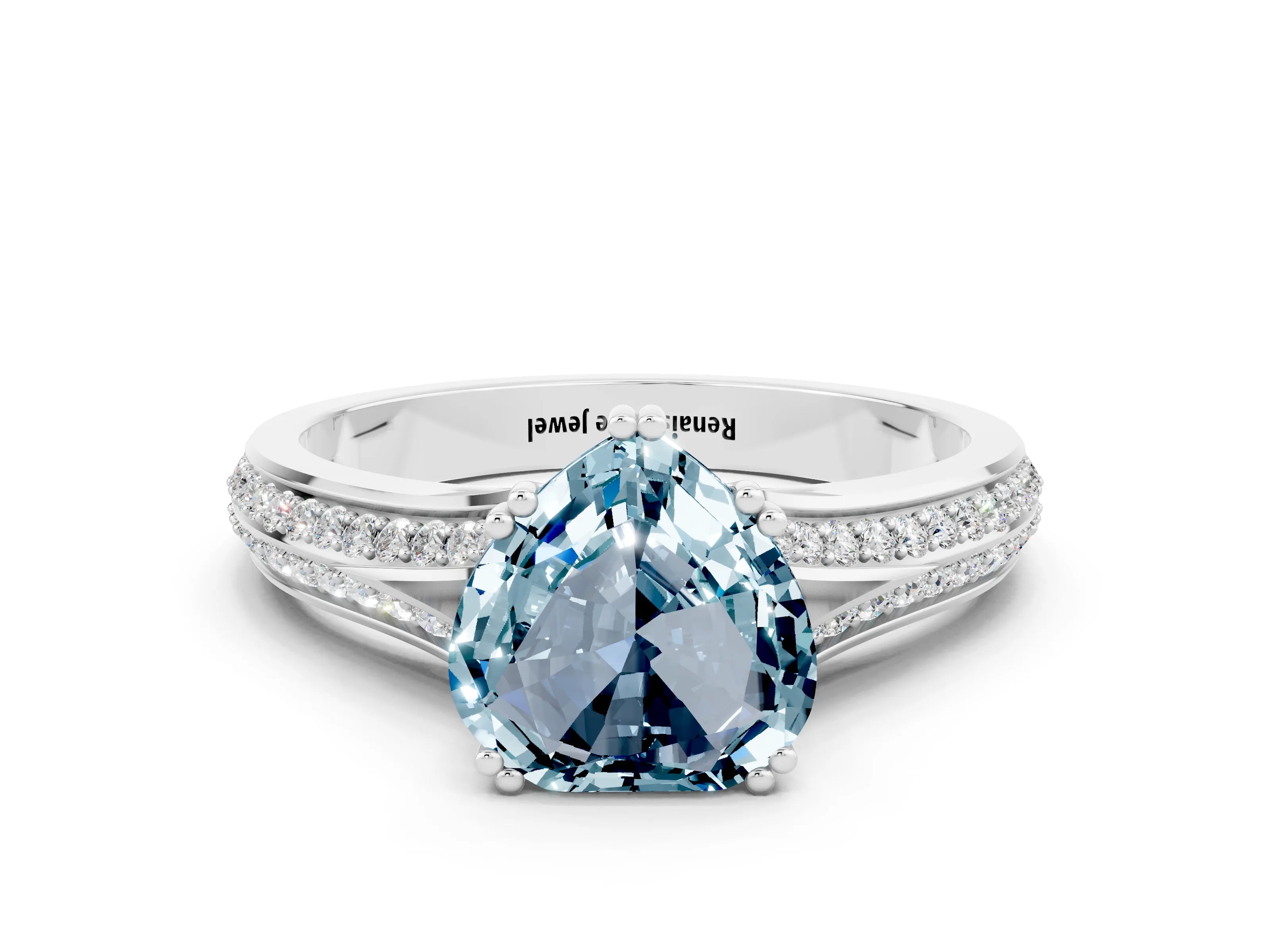 White gold Heart Cut Aquamarine Split Shank Engagement Ring with Pavé Band