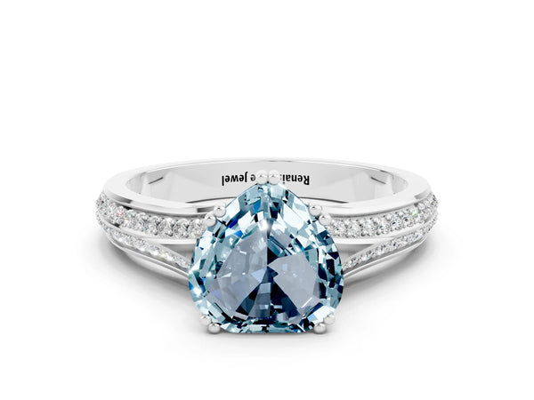 Platinum Heart Cut Aquamarine Split Shank Engagement Ring with Pavé Band