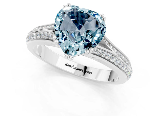 White gold Heart Cut Aquamarine Split Shank Engagement Ring with Pavé Band