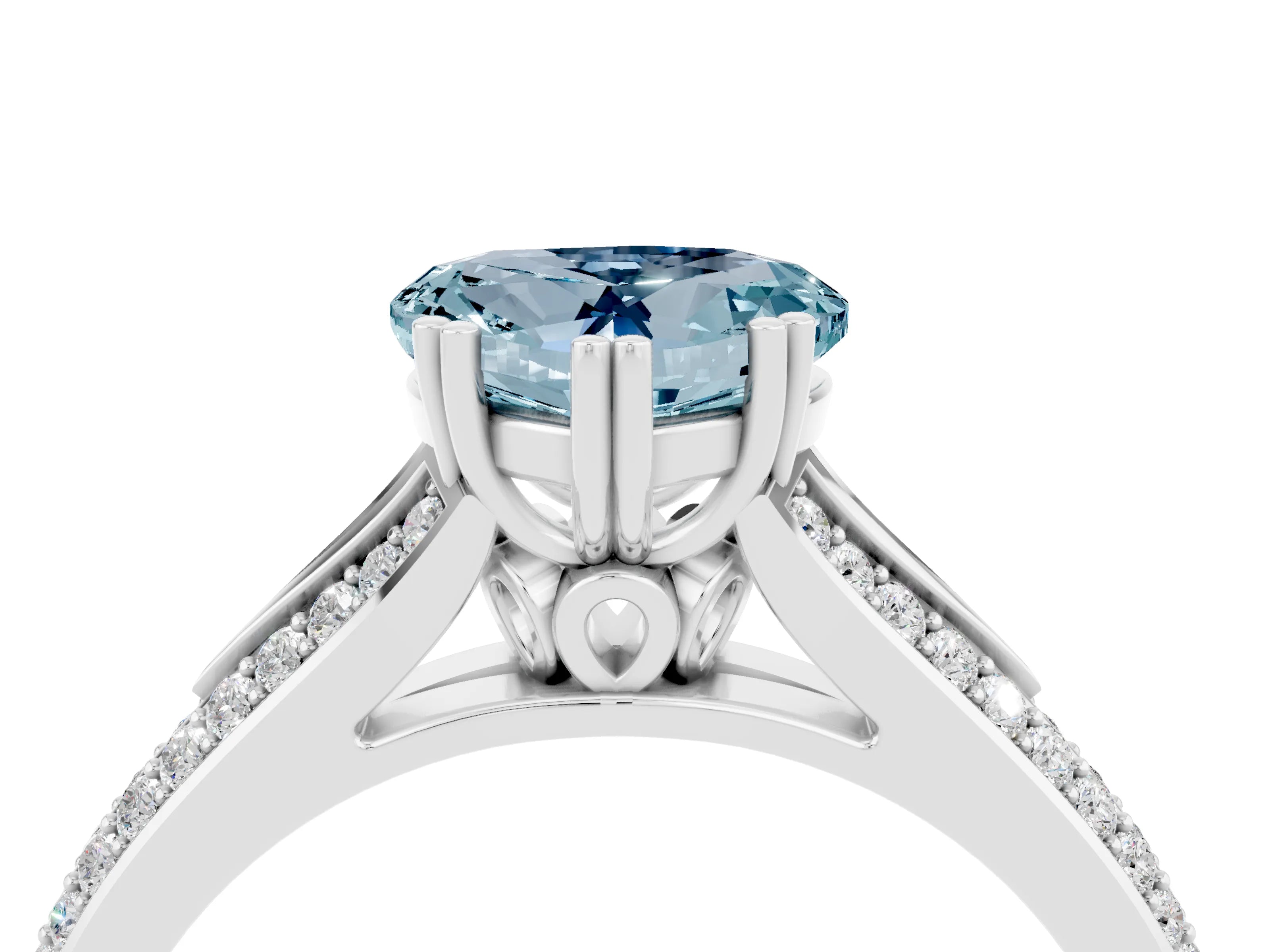 White gold Heart Cut Aquamarine Split Shank Engagement Ring with Pavé Band_4