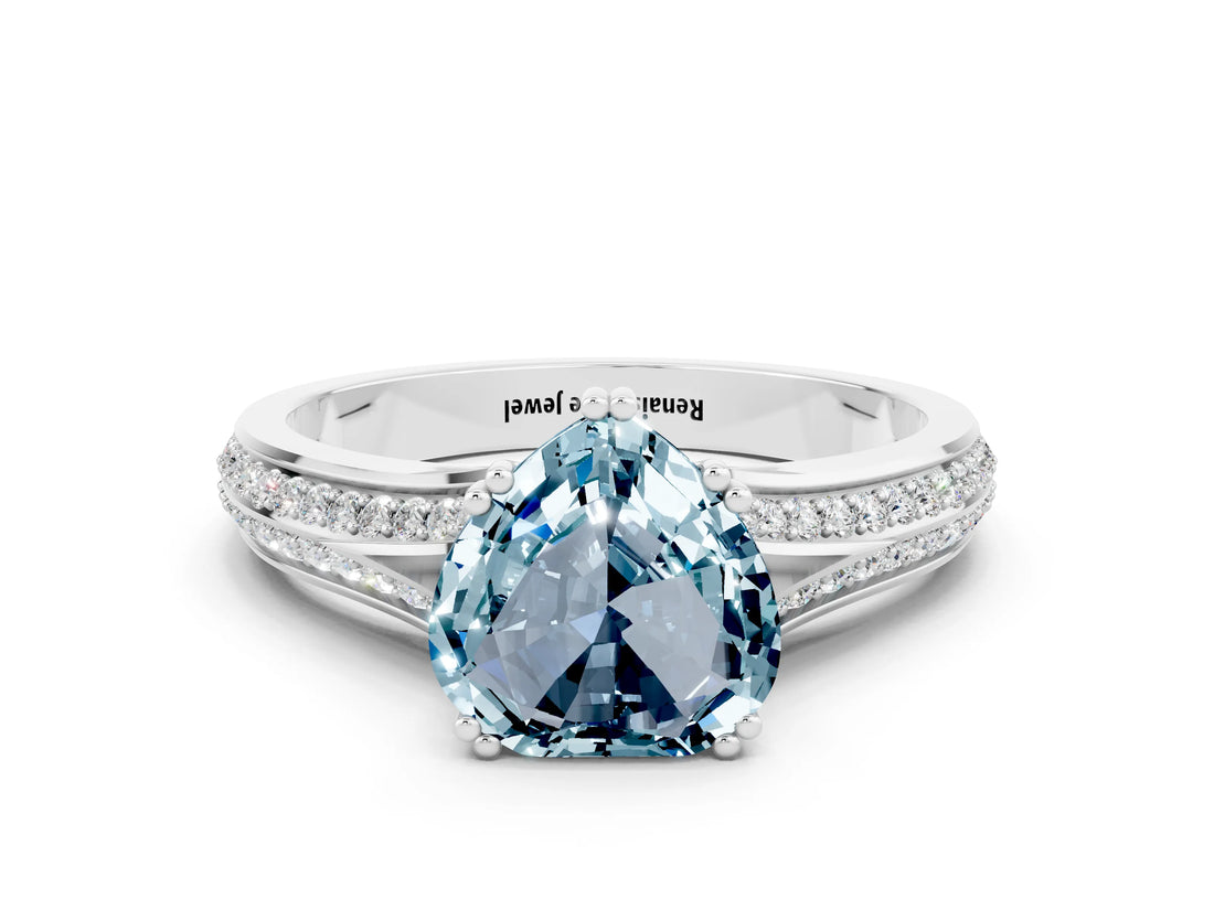 White gold Heart Cut Aquamarine Split Shank Engagement Ring with Pavé Band