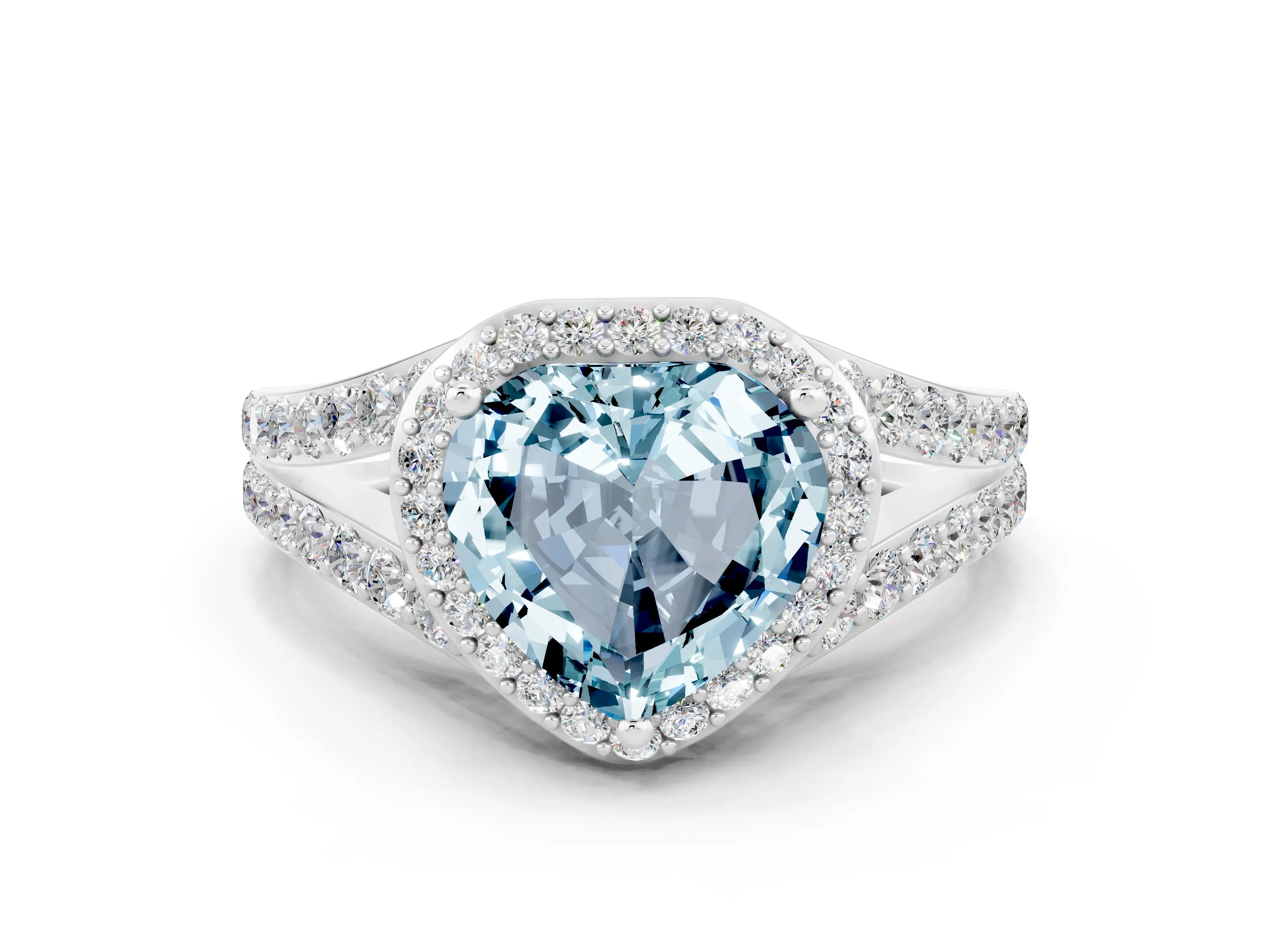 White gold Heart Cut Aquamarine Split Shank Halo Ring with Four-Prong Setting_12
